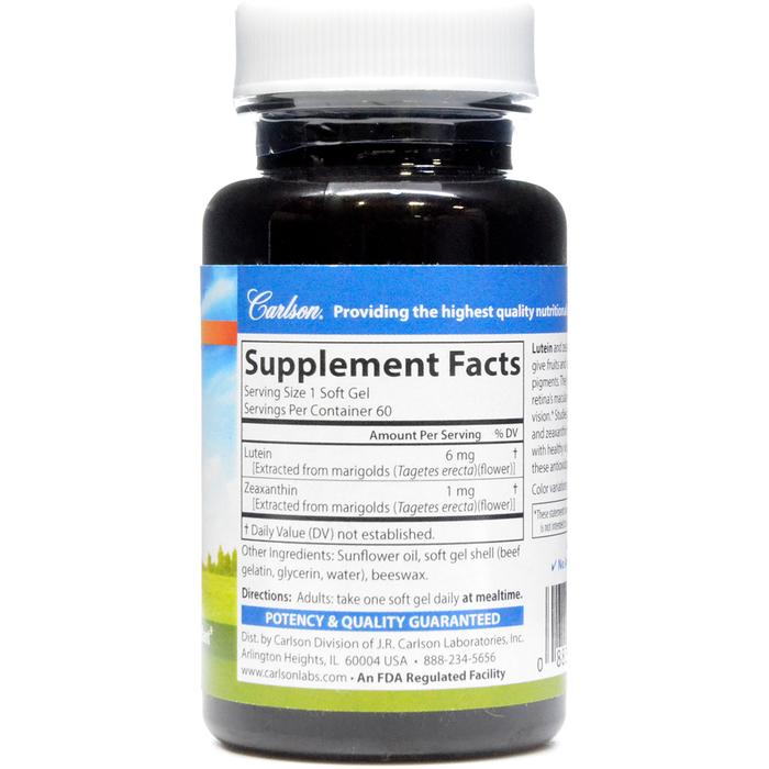 Carlson Labs Lutein 6 mg 60 softgels supplement facts label