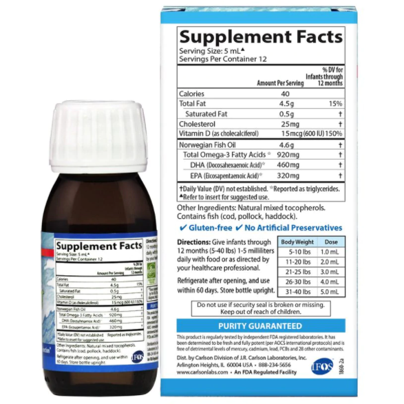 Carlson Labs Norwegian Baby's DHA 2 fl oz supplement facts label