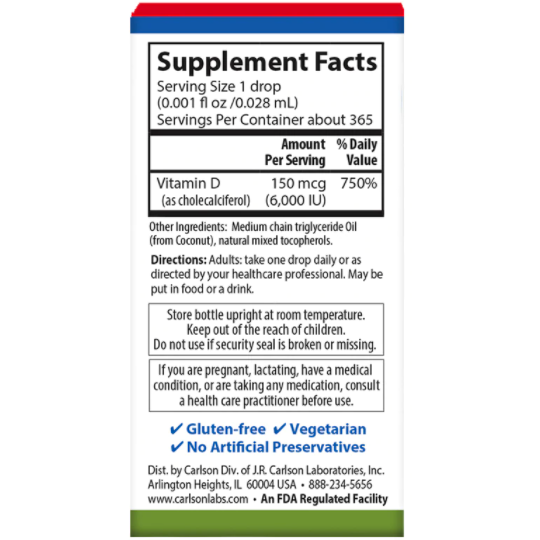 Carlson Labs Super Daily D3 6,000 IU 10.3 mL supplement facts label