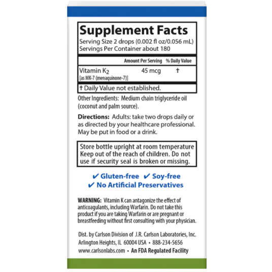 Carlson Labs Super Daily K2 45 mcg 10.16 mL supplement facts label