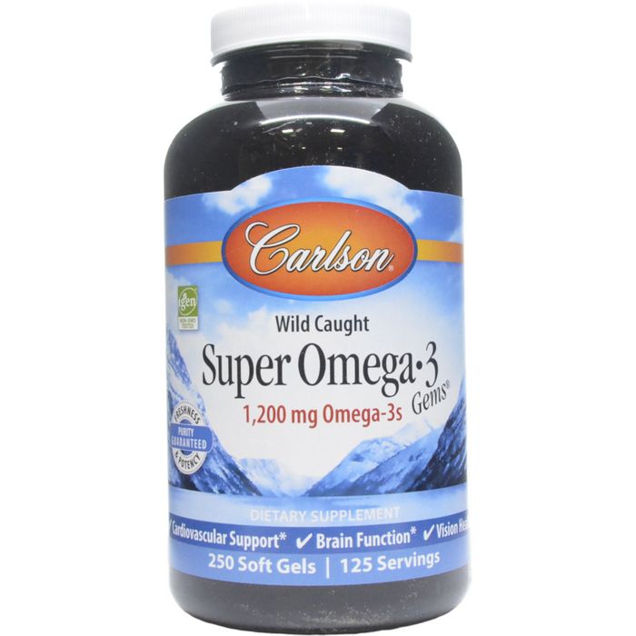 Carlson Labs Super Omega3 Fish Oil 1200 mg, 250 softgels, front of bottle