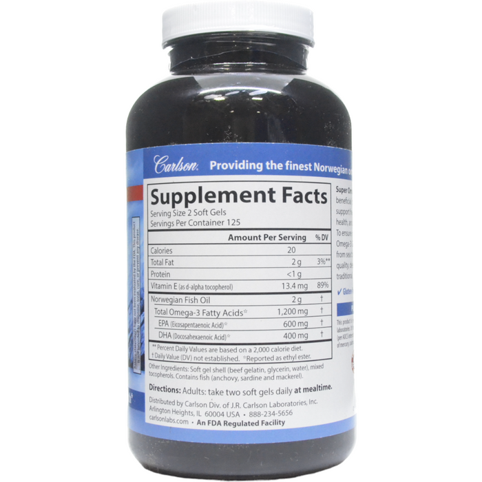 Carlson Labs Super Omega3 Fish Oil 1200 mg 250 softgels supplement facts label