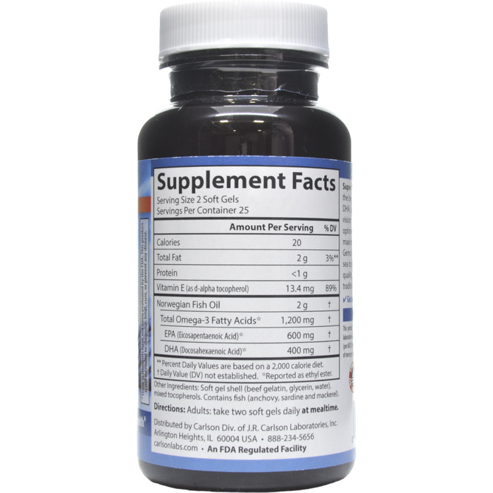 Carlson Labs Super Omega3 Fish Oil 1200 mg 50 softgels supplement facts label