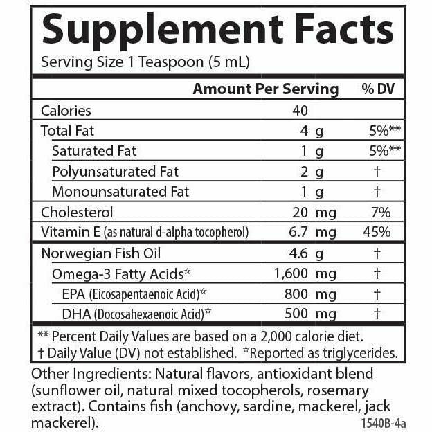 Carlson Labs The Very Finest Fish Oil Lemon 200 mL supplement facts panel, close-up