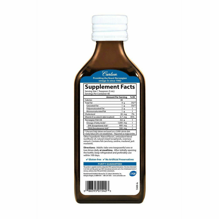 Carlson Labs The Very Finest Fish Oil Lemon 200 mL supplement facts label