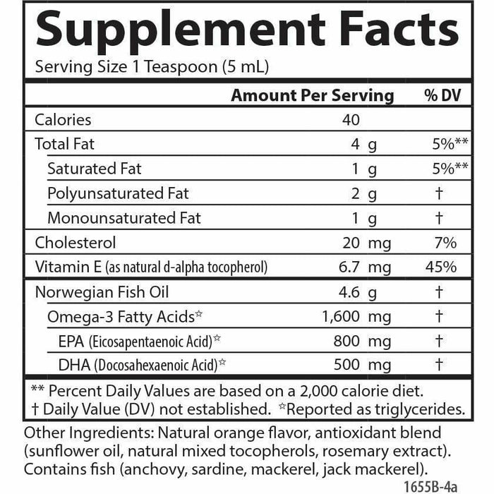 Carlson Labs The Very Finest Fish Oil Liquid Orange 500 mL supplement facts panel, close-up