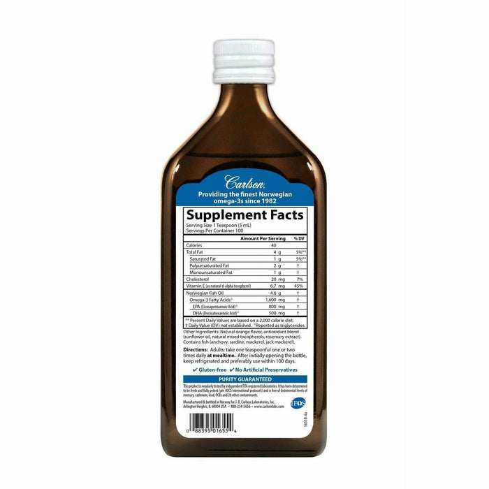 Carlson Labs The Very Finest Fish Oil Liquid Orange 500 mL supplement facts label