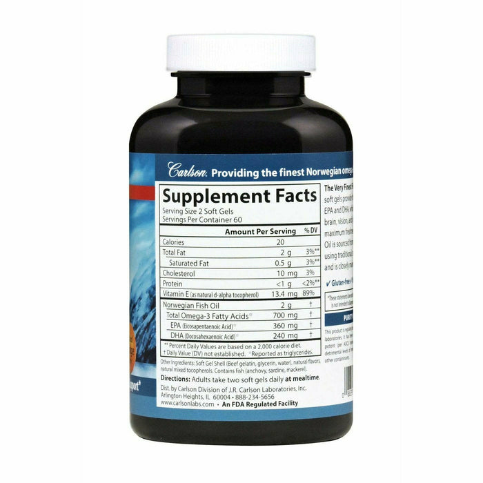 Carlson Labs Very Finest Fish Oil 700 mg Orange 120 softgels supplement facts label
