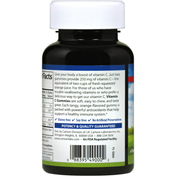 Carlson Labs Vitamin C Gummies 250 mg 60 gummies supplement facts label, second view