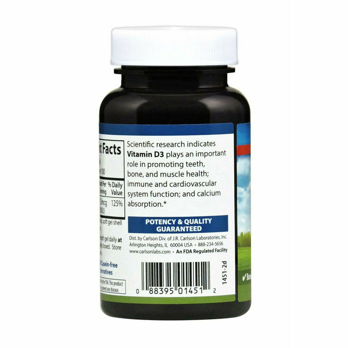 Carlson Labs Vitamin D 1000 IU 100 softgels suggested use label