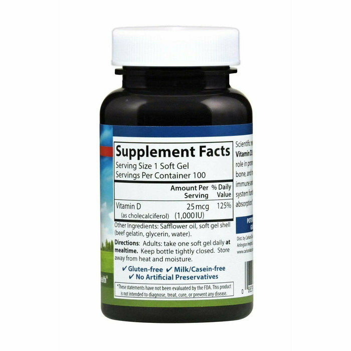 Carlson Labs Vitamin D 1000 IU 100 softgels supplement facts label
