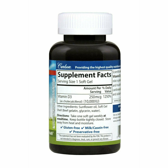 Carlson Labs Vitamin D3 10,000 IU 120 softgels supplement facts label