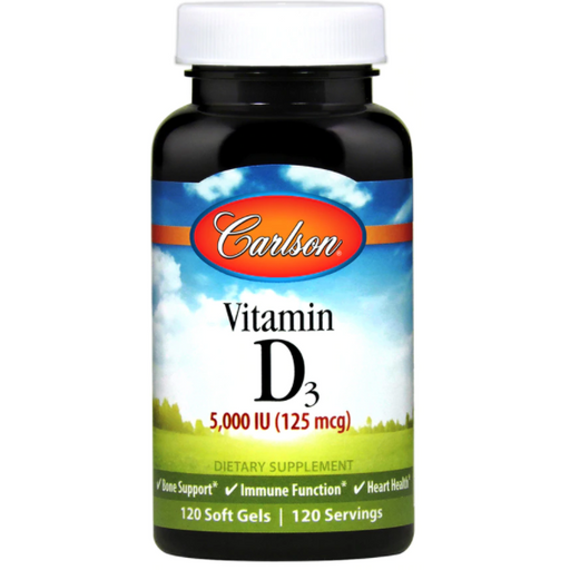 Carlson Labs Vitamin D3 5,000 IU, 120 softgels, front of bottle