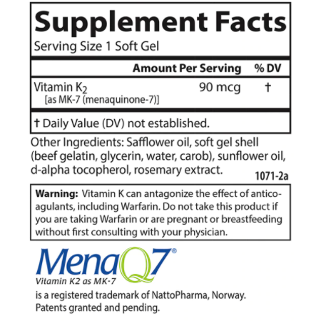 Carlson Labs Vitamin K2 as MK-7 120 softgels supplement facts label