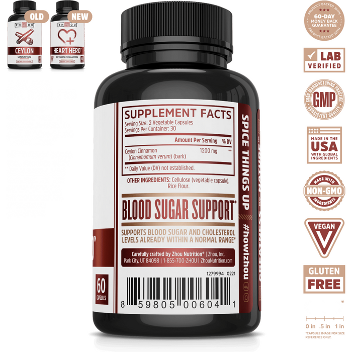 Supplement Facts, ZHOU Nutrition, Ceylon Cinnamon 1200Mg 60 Vegcaps