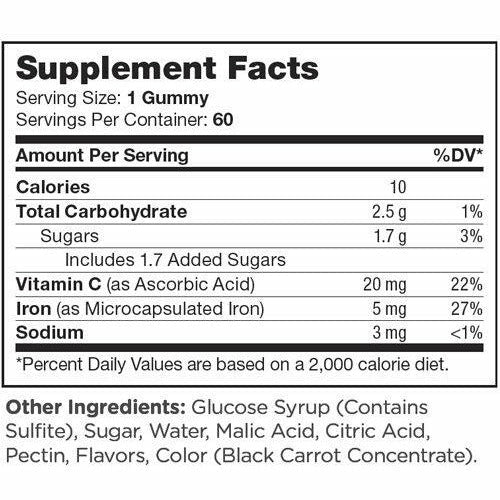 Chapter One I is for Iron 60 gummies supplement facts label