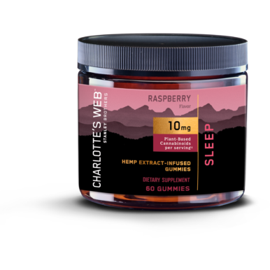Charlotte's Web CBD Hemp Extract Gummies Sleep Raspberry 10 mg, 60 gummies, front of jar