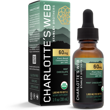 Charlotte's Web Hemp Extract Mint Chocolate 60 mg, 1 fl oz, front of bottle and box