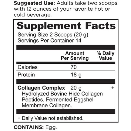 Ancient Nutrition, Collagen Peptides Powder Unflavored 9.88 oz. Supplement Facts Label