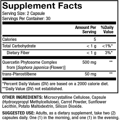 Quercetin and Pterostilbene Advanced 60 caps by Dr. Mercola Supplement Facts Label