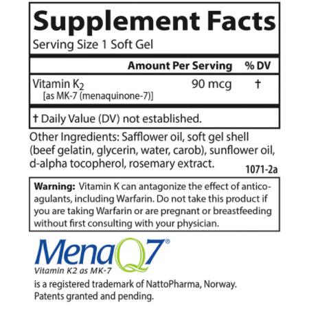 Vitamin K2 as MK-7 120 softgels by Carlson Labs Supplement Facts