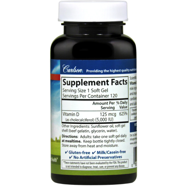 Vitamin D3 125 mcg 120 softgels by Carlson Labs Supplement Facts Part A