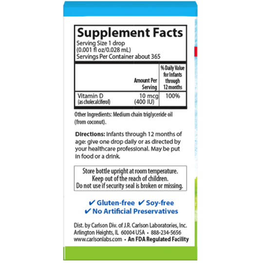 Baby's Super Daily D3 400 IU 0.35 fl oz by Carlson Labs Supplement Facts