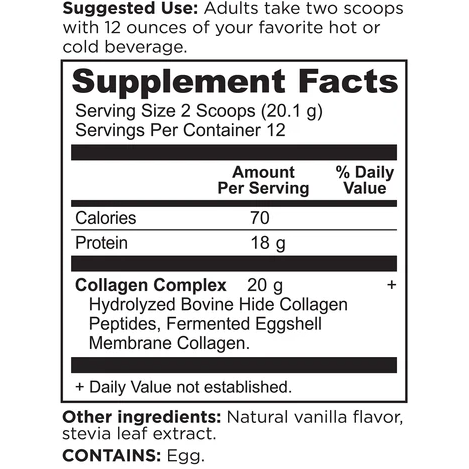 Ancient Nutrition, Collagen Peptides Powder Vanilla 8.51 oz. Supplement Facts Label