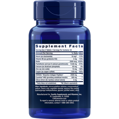 Hair, Skin & Nails Collagen Plus Formula 120 tabs by Life Extension Supplement Facts