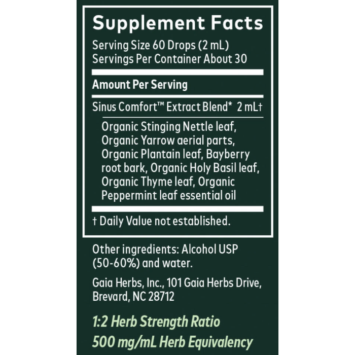 Sinus Comfort 2 fl oz by Gaia Herbs Supplement Facts Label