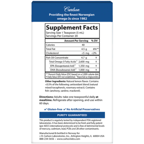 Super Omega-3 2600 mg 100 mL by Carlson Labs Supplement Facts