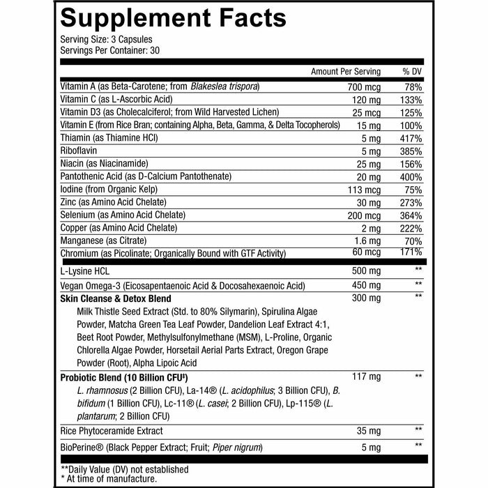 Clearface Vitamins 90 capsules by CodeAge, Supplement Facts label