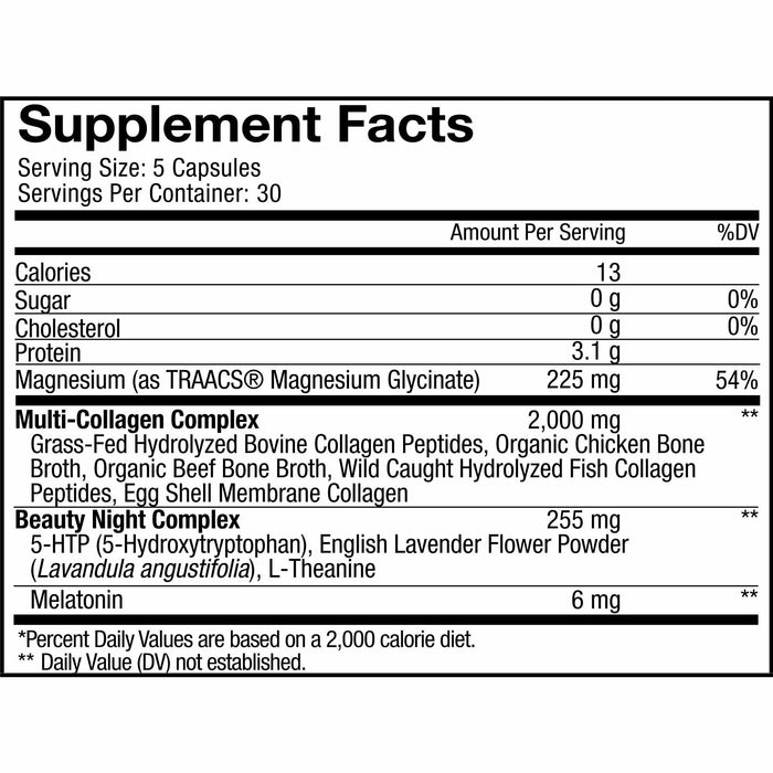 CodeAge, Multi Collagen Beauty Night 150 Capsules Supplement Facts Label