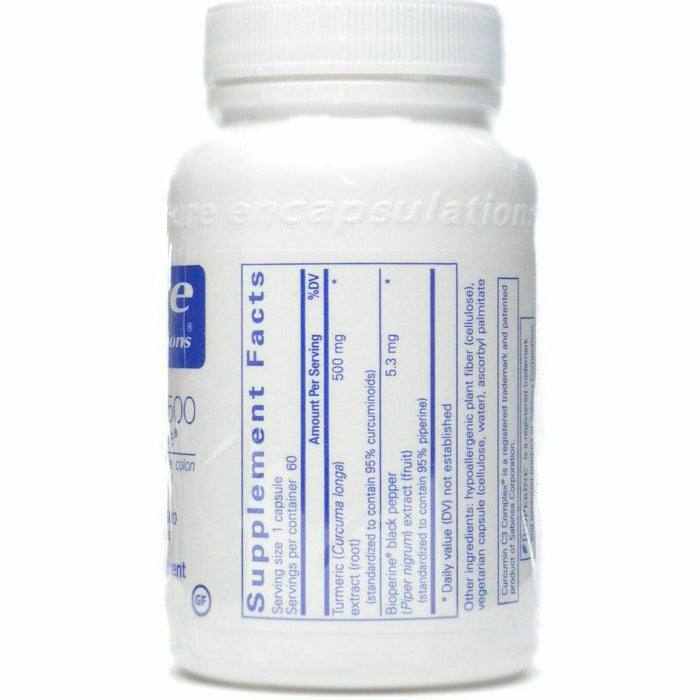 Pure Encapsulations, Curcumin 500 with Bioperine 60 capsules Supplement Facts Label