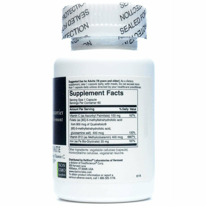 DaVinci Labs Iron BIS-Glycinate 60 veg capsules supplement facts label