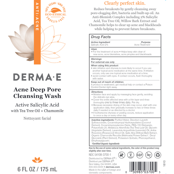 Derma E Acne Facial Cleanser 6 fl oz full label