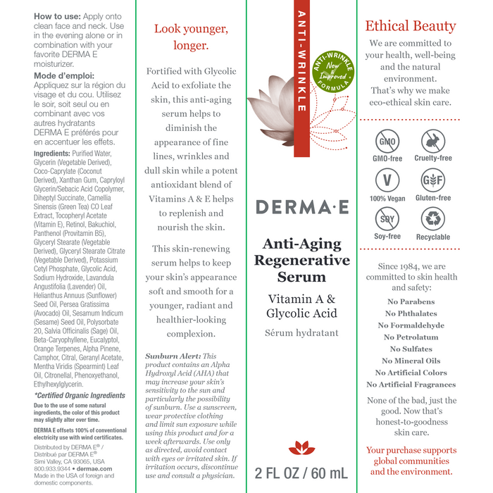 Derma E Anti-Aging Regenerative Serum 2 fl oz full label