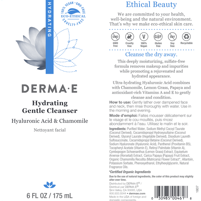 Derma E Hydrating Gentle Facial Cleanser 6 fl oz full label
