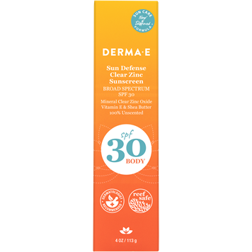Derma E Sun Defense Clear Zinc SPF30 Body, 4 oz, front of tube