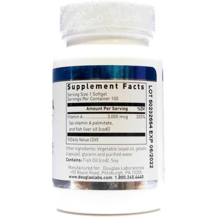 Douglas Labs Vitamin A 10,000 IU 100 softgels supplement facts label