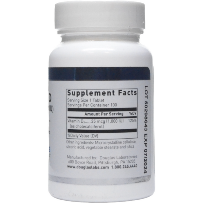 Douglas Labs Vitamin D-3 1,000 IU 100 tablets supplement facts label