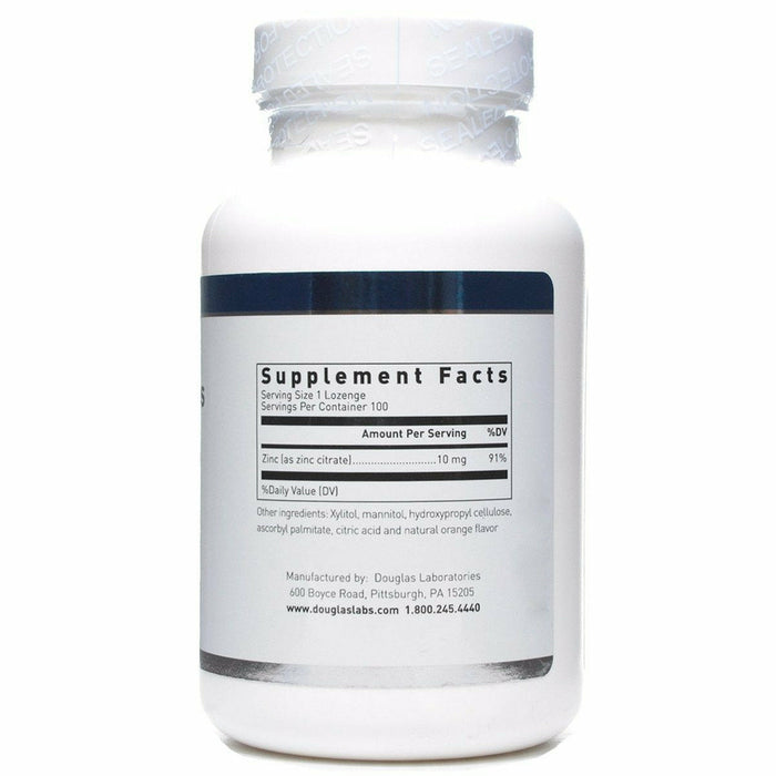 Douglas Labs Zinc Lozenges 10 mg 100 lozenges supplement facts label