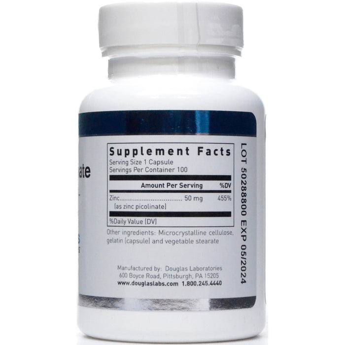 Douglas Labs Zinc Picolinate 50 mg 100 capsules supplement facts label