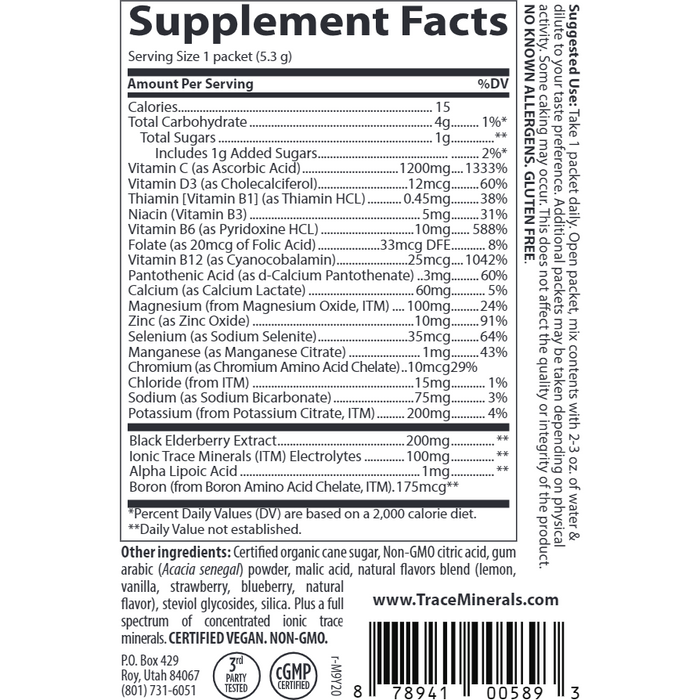 Electrolyte Stamina PowerPak + Immunity 30 packets by Trace Minerals Research Supplement Facts Label