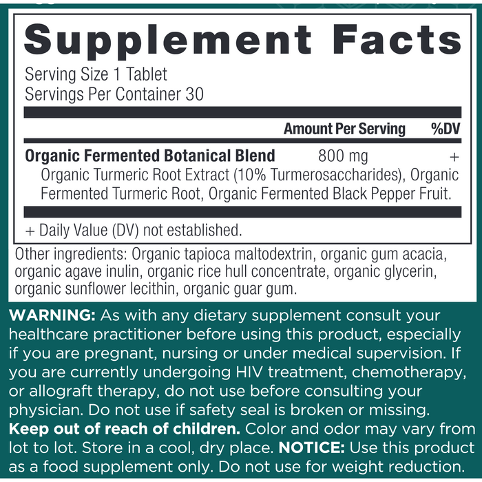 Ancient Nutrition, Turmeric 30 tabs Supplement Facts Label