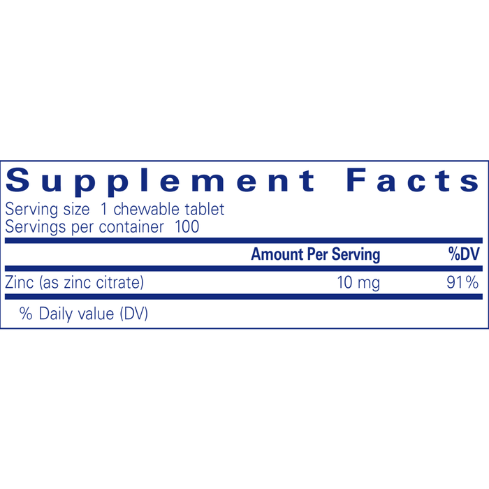 Zinc Chewables 100 tabs by Pure Encapsulations Supplement Facts Label