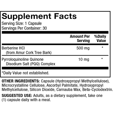 Dr. Mercola Berberine and MicroPQQ Advanced 30 capsules supplement facts panel, close-up