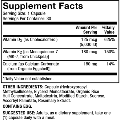 Dr. Mercola Calcium with Vitamins D3 & K2 30 capsules supplement facts panel, close-up
