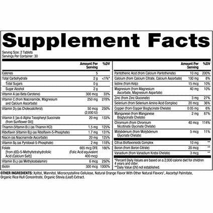 Dr. Mercola Chewable Multivitamin for Kids 60 tablets supplement facts panel, close-up