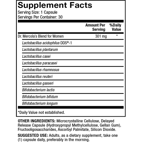 Dr. Mercola Complete Probiotics for Women 70 Billion CFU 30 capsules supplement facts panel, close-up